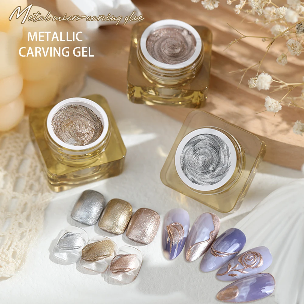 8g Metallic Carving Gel 3D Embossed Nail Art Painting Gel Silver Gold Rose Gold UV LED Curing Liner Gel for Salon DIY