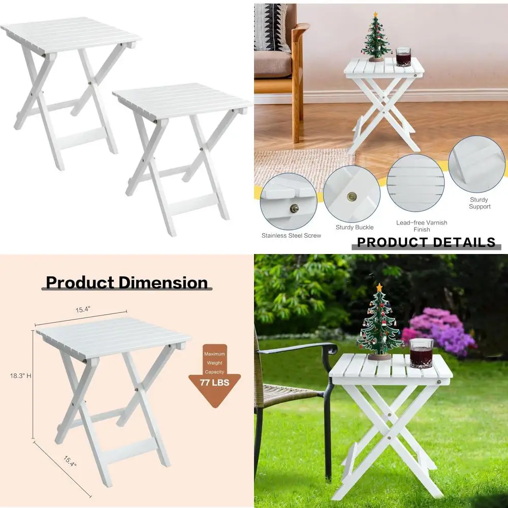 

Portable Outdoor Patio Side Table Set, 2 Wooden Square End Tables, Ideal for Living Room, Bedroom, Plant Stand, Camping, White