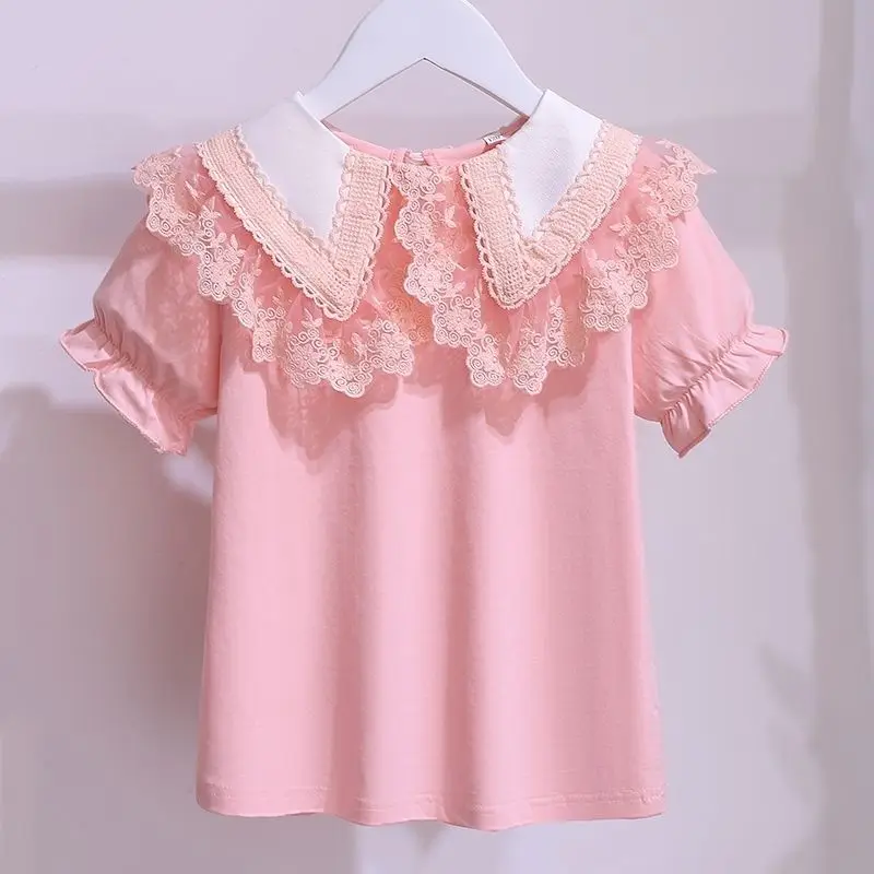 White Girls Short Sleeve T-Shirt Summer 2022 New Cotton Teen Kids Lace Lapel Blouse Cheildren School Clothes Tops 3-12 Y