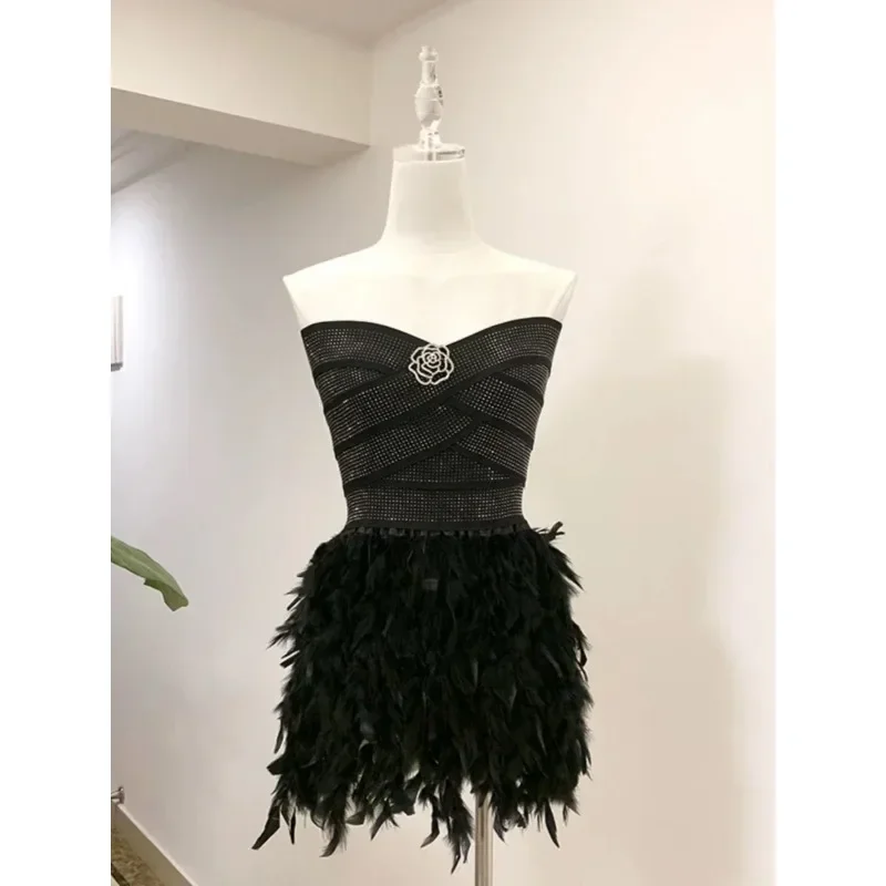 Miiiix 2024 Autumn New Sexy Celebrity Bow Dress Women's Hot Diamond Tie Spliced Feather Black Bra Dresses Female Clothing