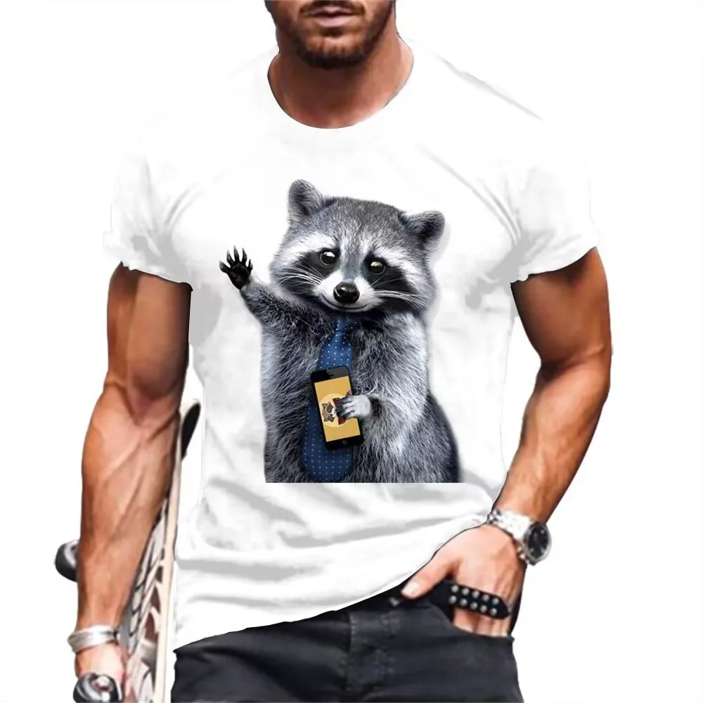 Hip Hop Animal Raccoon Print Men\'s Short Sleeve T-Shirt Fashion Creative Cool High Quality Children\'s Casual O-Neck Top Clothing