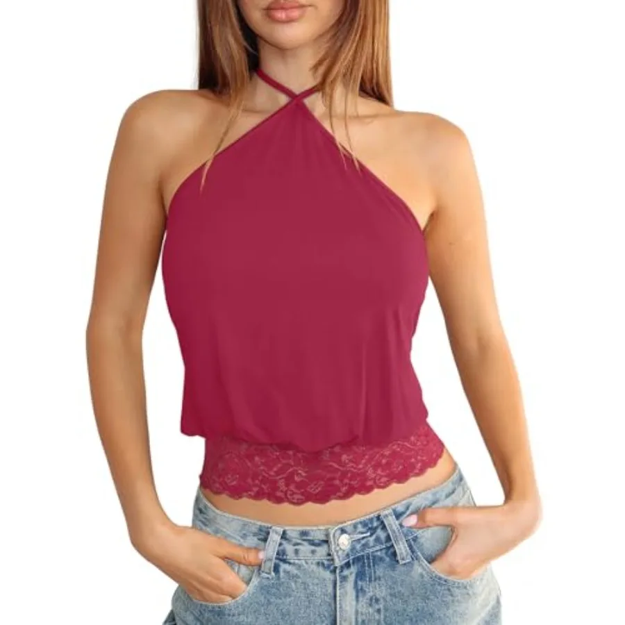 

REORIA Womens Sexy Halter Going Out Double Lined Tank Tops Lace Cute Summer Y2K Backl 2026 Cami Crop Tops