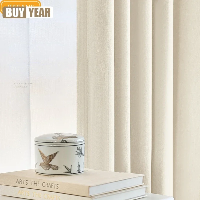 Japanese Full Blackout Cream White Jacquard Chenille Curtains For Living Room Bedroom French Window Balcony Bay Window Partition