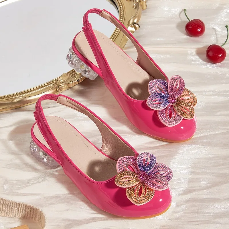 Summer Casual Shoe Girl Small-heeled Open-back Sandals Children Floral Round-toe Mary Jane Shoes Kids Soft Sole Strap-back Shoes