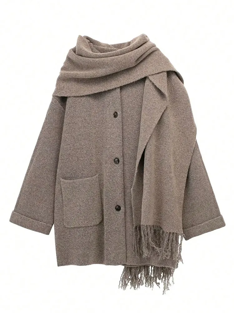 

HH Women Elegant Fashion Knitted Cardigan Coats With Scarf Single Breasted Long Sleeve Jackets High Street Lady Chic Outerwear