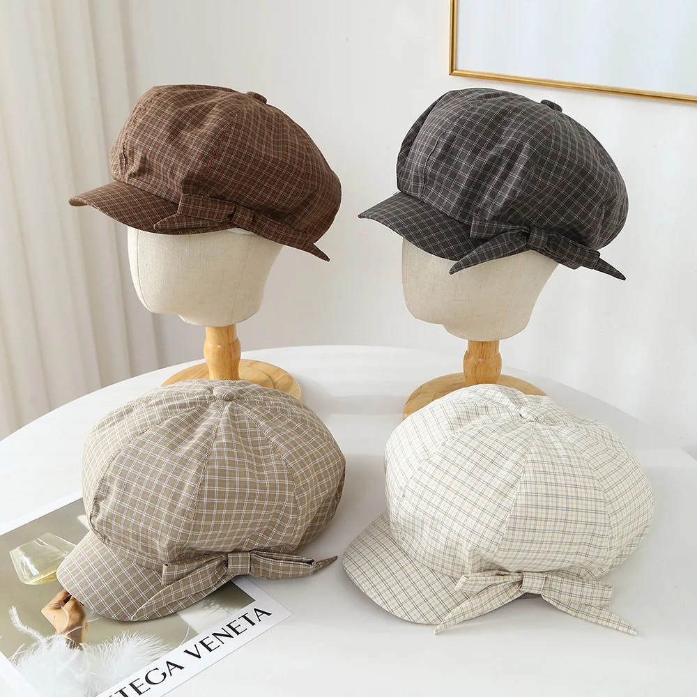 Korean Ins Bow Plaid Beret Women's Spring and Summer Big Head Fashion Shade Sweet Octagonal Newsboy Caps