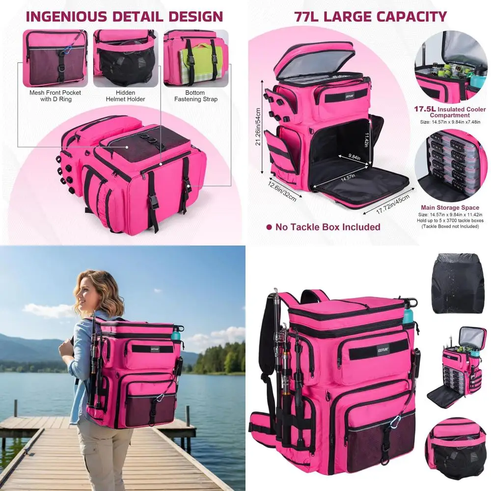 

Большой рыболовный рюкзак на 66 л с термосумкой, 3 держателями для удочек, отделением для шлема, дождевиком для активного отдыха и кемпинга