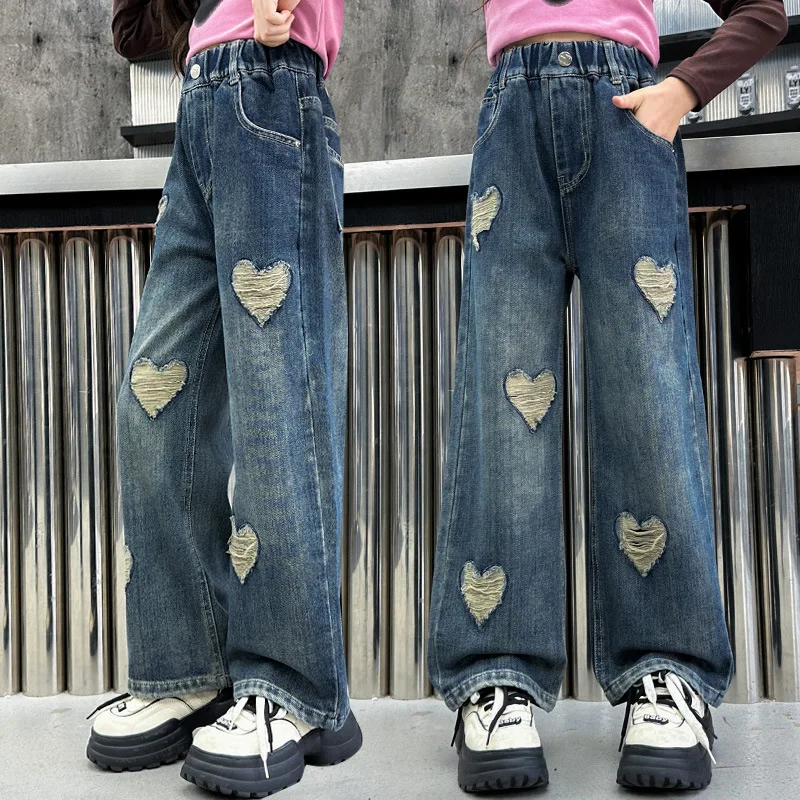 الفتيات أزياء الجينز الربيع والخريف الأطفال في سن المراهقة الحب هول مستقيم الدينيم السراويل الفتيات الرجعية فضفاض واسعة الساق السراويل #3