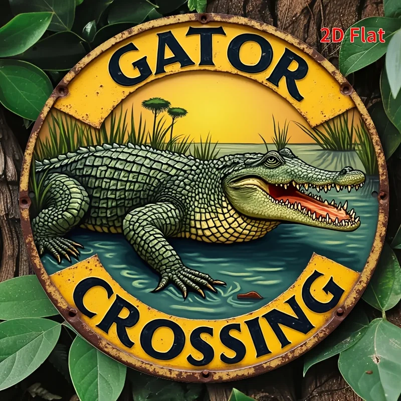 2D Flat Metal Crocodile Crossing Sign Wall Decor，Vivid Yellow-Green 2D Flat Print, with Eye-Catching 