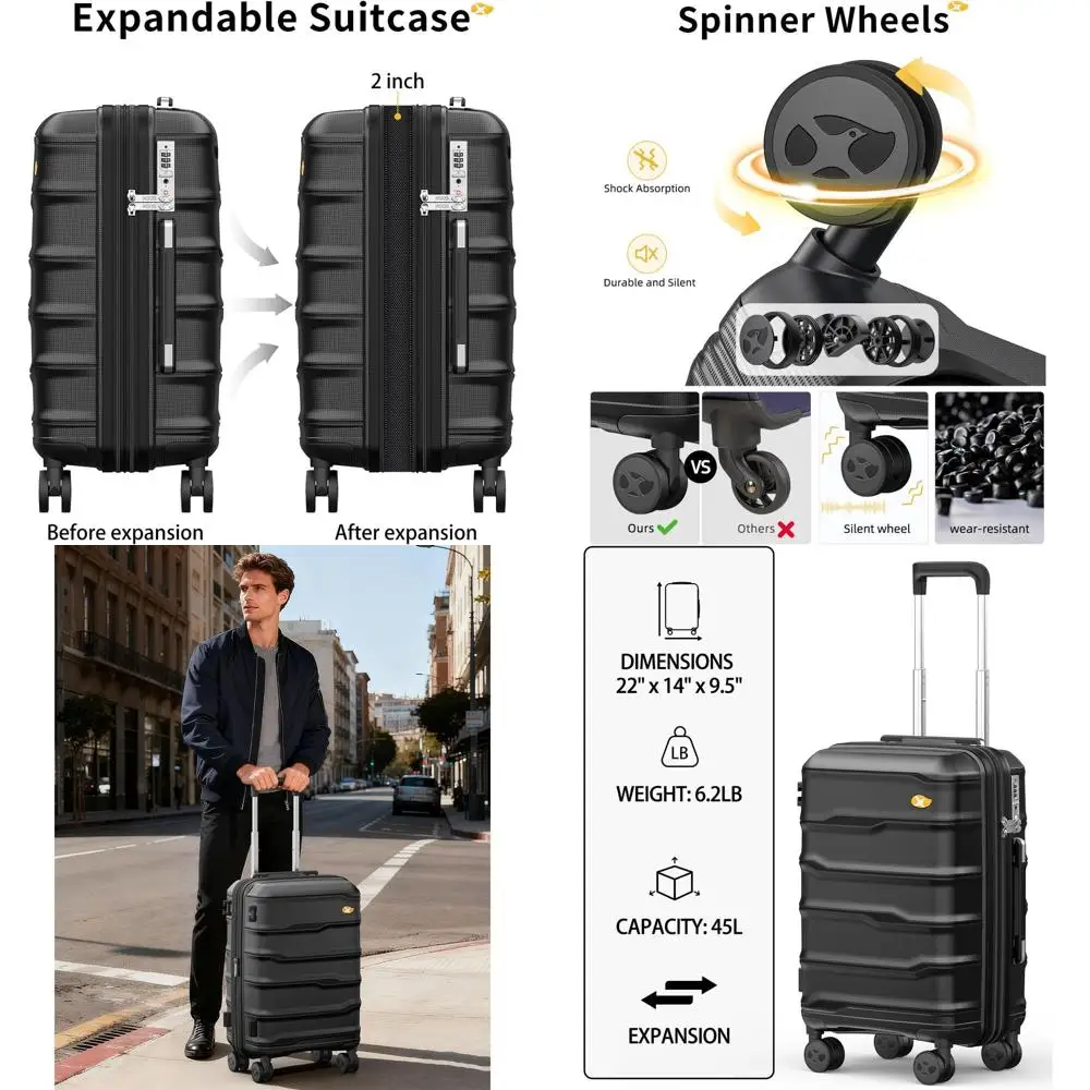 

20 Inch Lightweight Hardshell Spinner Suitcase with TSA Lock, Fits Overhead Bins for United, Delta, American Airlines, Black