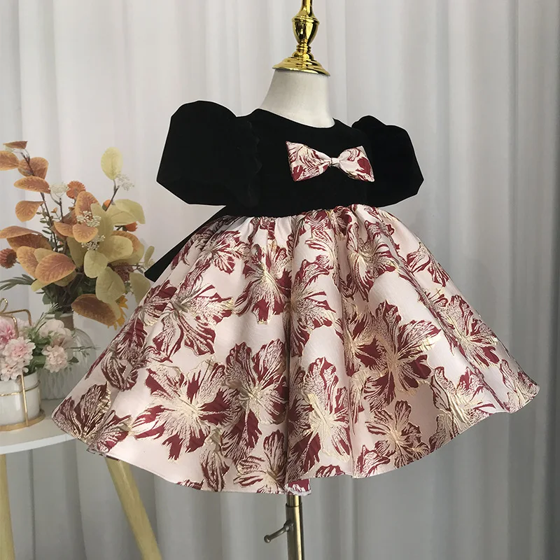 Customized New High End Elegant Spliced Color O-neck Puff Sleeve Party Gown Exquisite Flower Print A-line Ball Gown Birthday Par