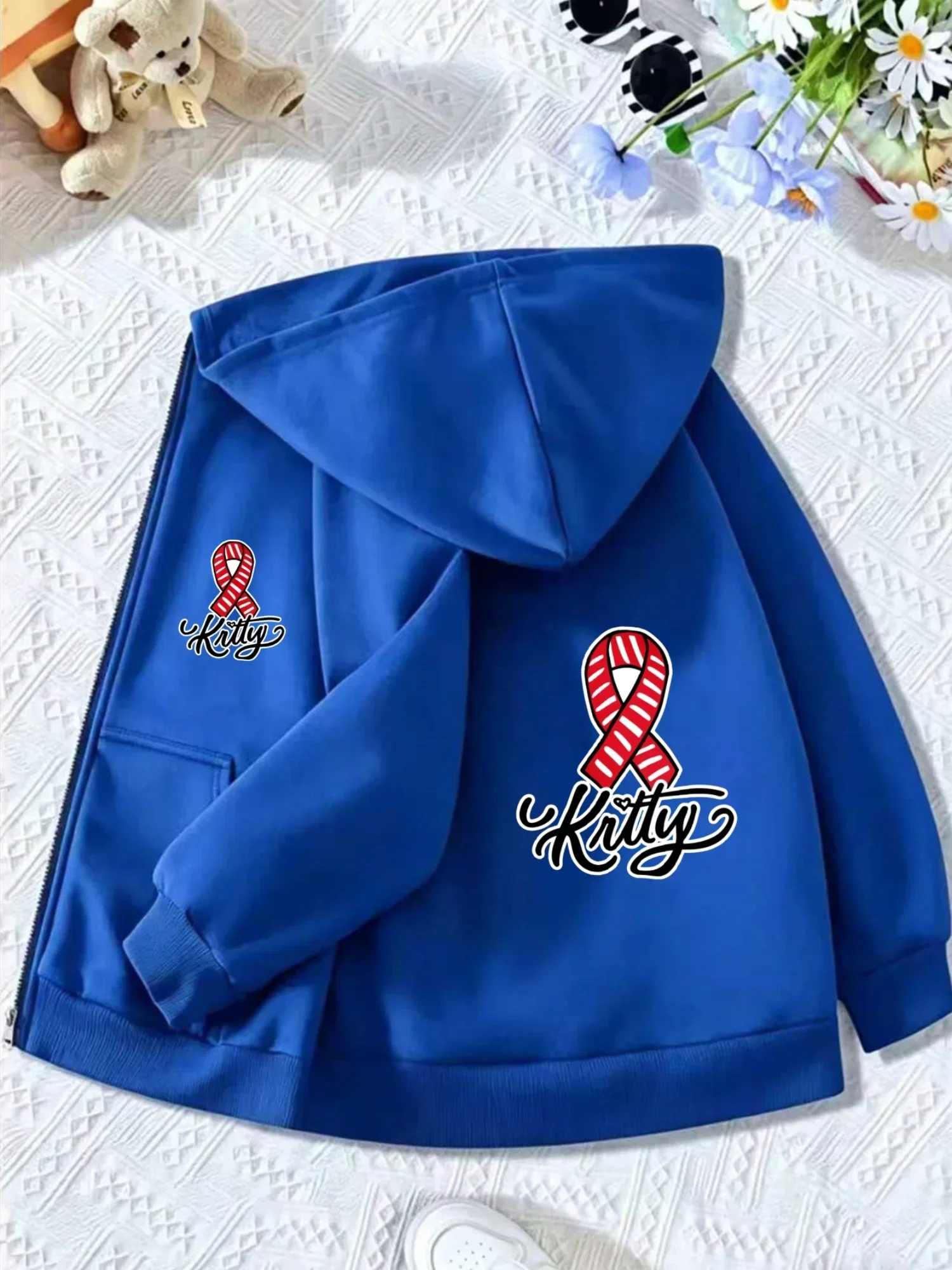 Kids Trendy Double Print Ribbon Kitty Script Graphic Zip Hoodie Girls Long Sleeve Loose Lightweight Outerwear