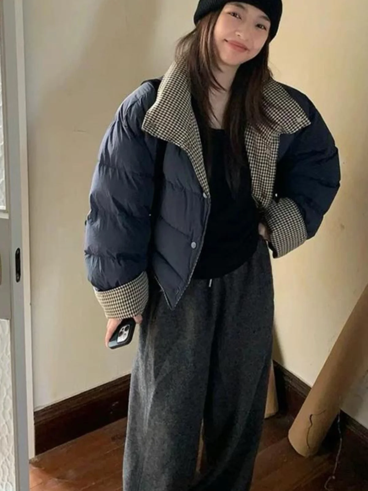 

Women's Plaid Cotton Jacket Autumn Winter Thickened Warm Casual Style Bread Coat Contrast Color Slimming Fashionable Outerwear