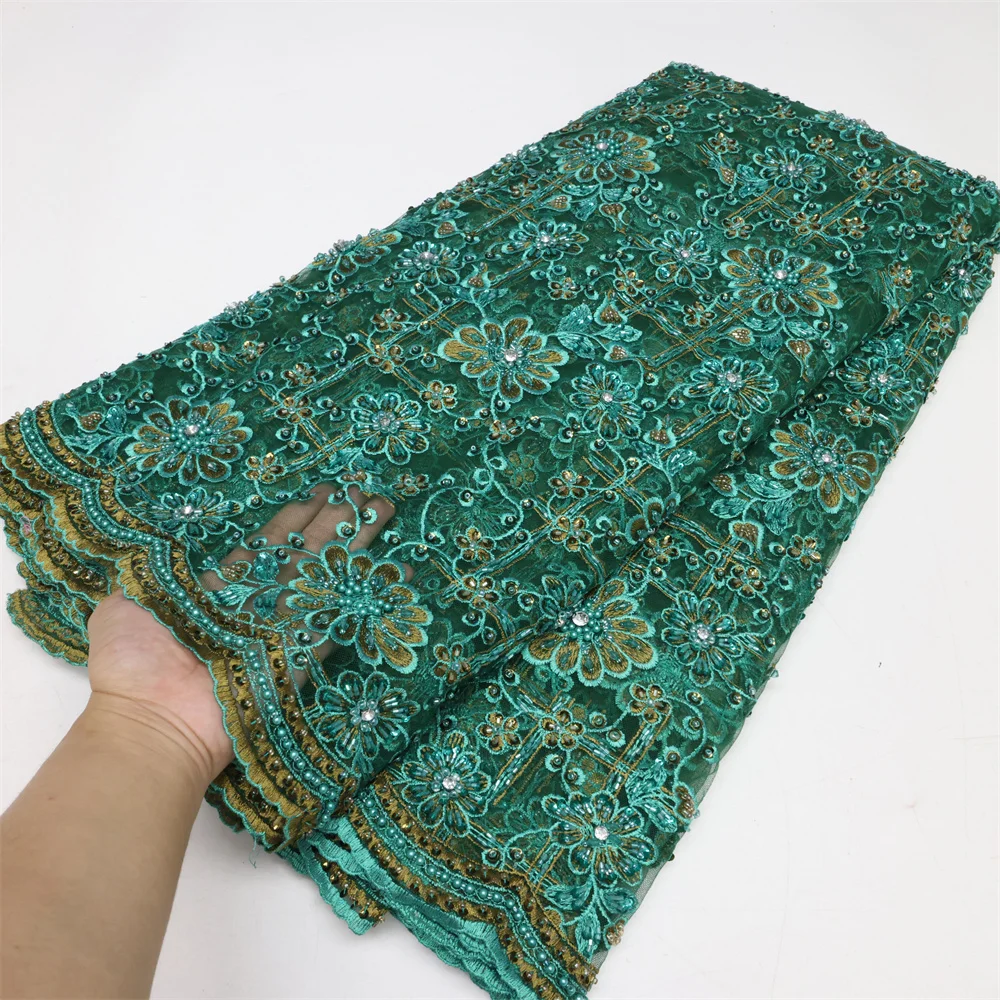 African Sequins Lace Fabric 2024 High Quality Handmade Beaded Lace Material Nigerian French Net Lace Fabric For Wedding