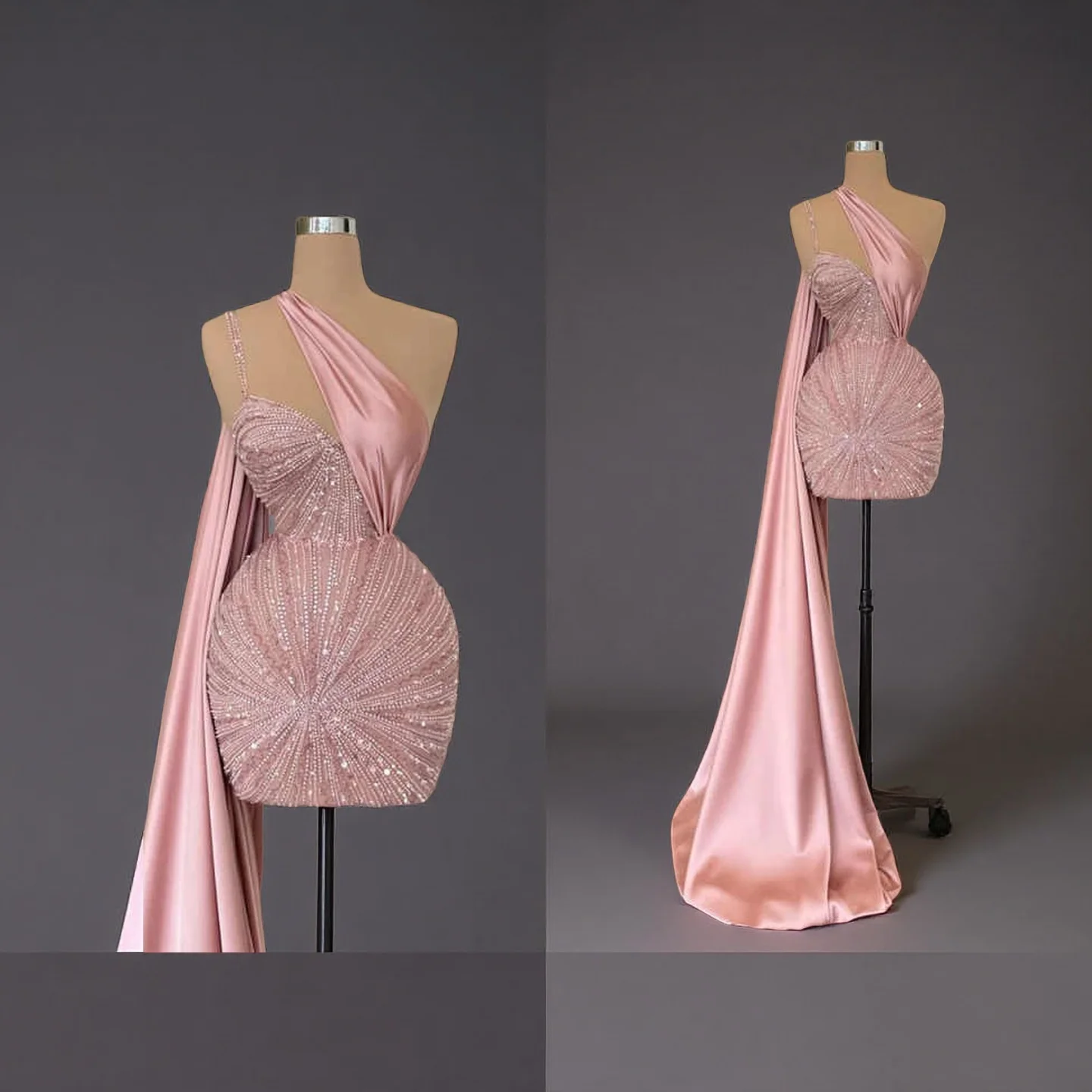 

Pretty Sequins Customized Short Evening Dress One Shoulder Sleeve Ribbon Beading Prom Gowns Birthday Party Vestidos De Gala