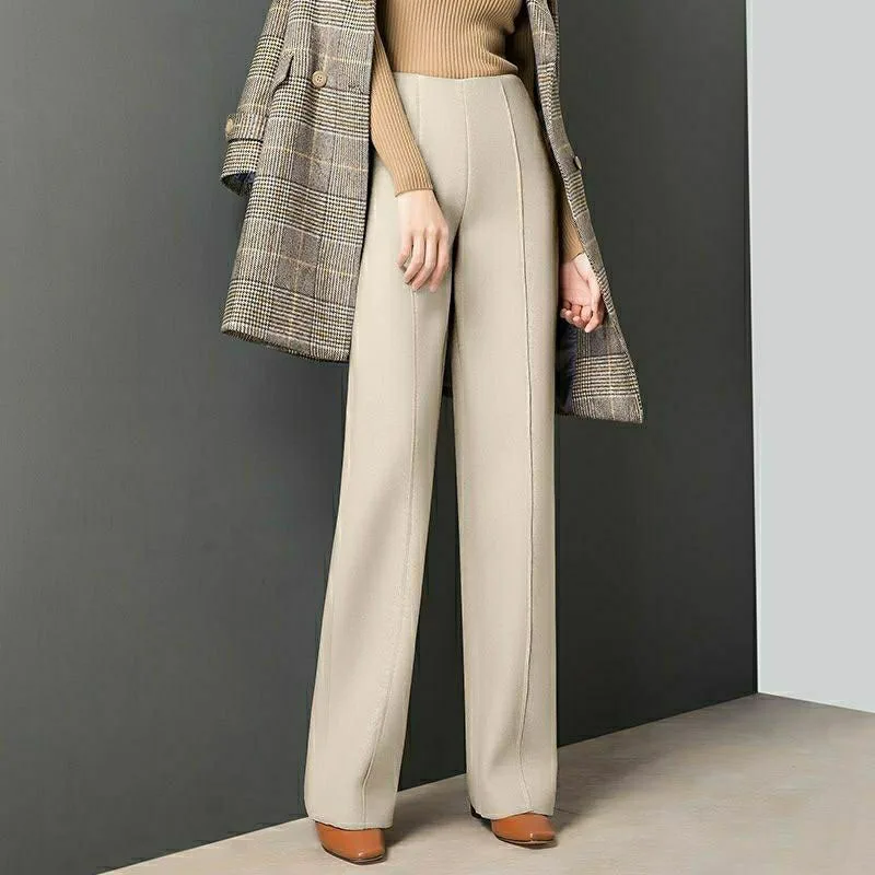 

Lucyever Fashion Woolen Wide Leg Trousers Women Fall Winter New High Waist Straight Pants Elegant Temperament Loose Long Pants