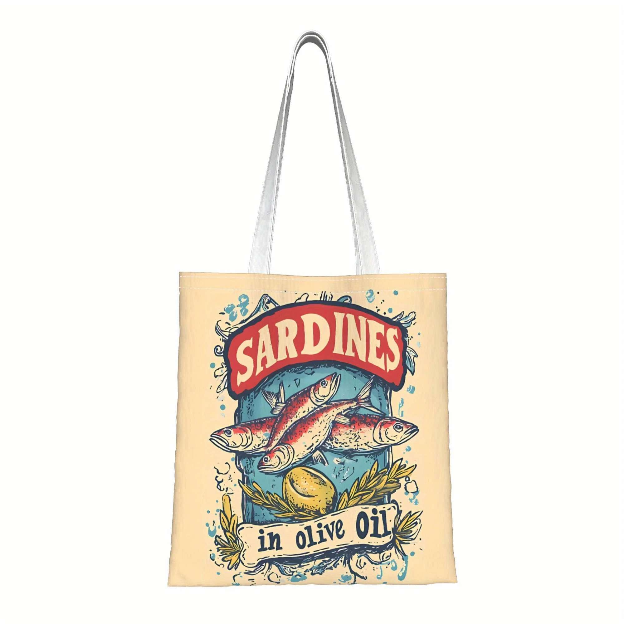 Tote Bag with Vibrant Sardine & Olive Oil Design - Durable, Hand Washable, No Closure, Ideal for Daily Shopping & More