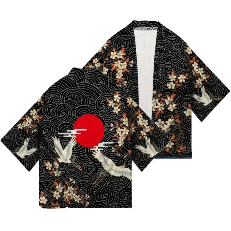 Summer Asian Traditional Costume Men Crane Printed Japanese Kimono Cardigan Harajuku Yukata Dark Style Black Haori Shirt Jacket