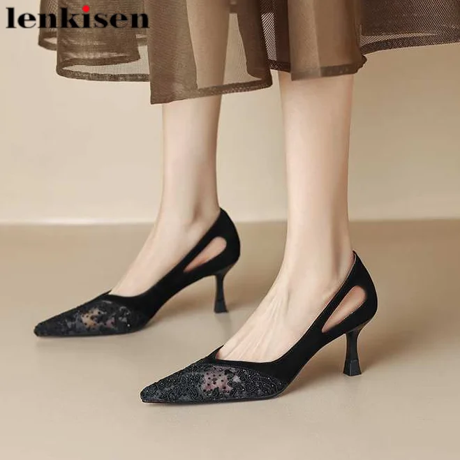 

Lenkisen Superstar Embroidery Mesh High Heels Pointed Toe Shallow Spring Summer Shoes Dress Wedding Office Lady Ins Women Pumps