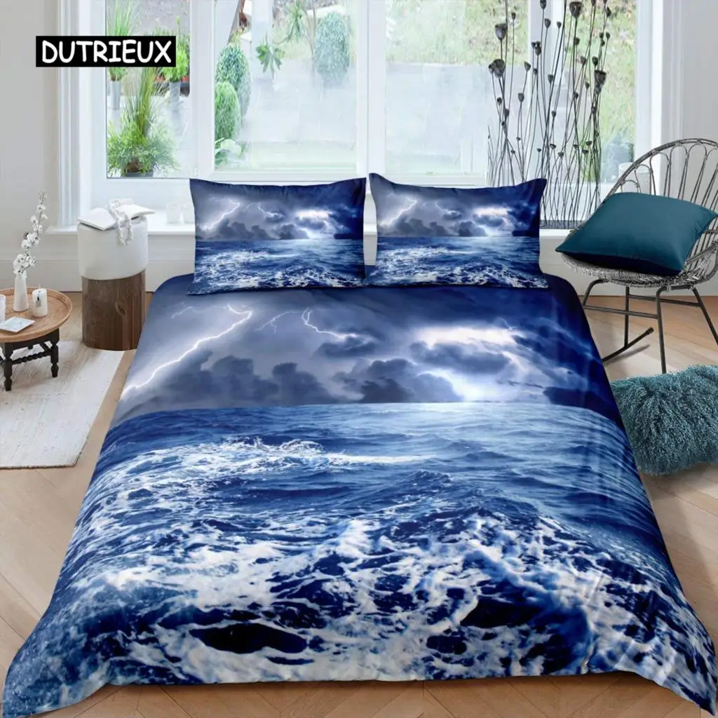 Lightning Duvet Cover Set Sea Wave Natural Disasters Sea Landscape Bedding Set Dark Clouds King Size Polyester Comforter Cover