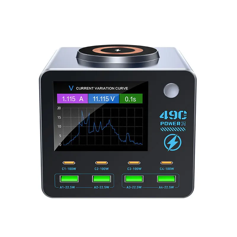 Multi-apparaat desktop oplaadstation 4C+4A+Draadloos opladen, 100W PD snellader met 2,8 inch TFT-scherm