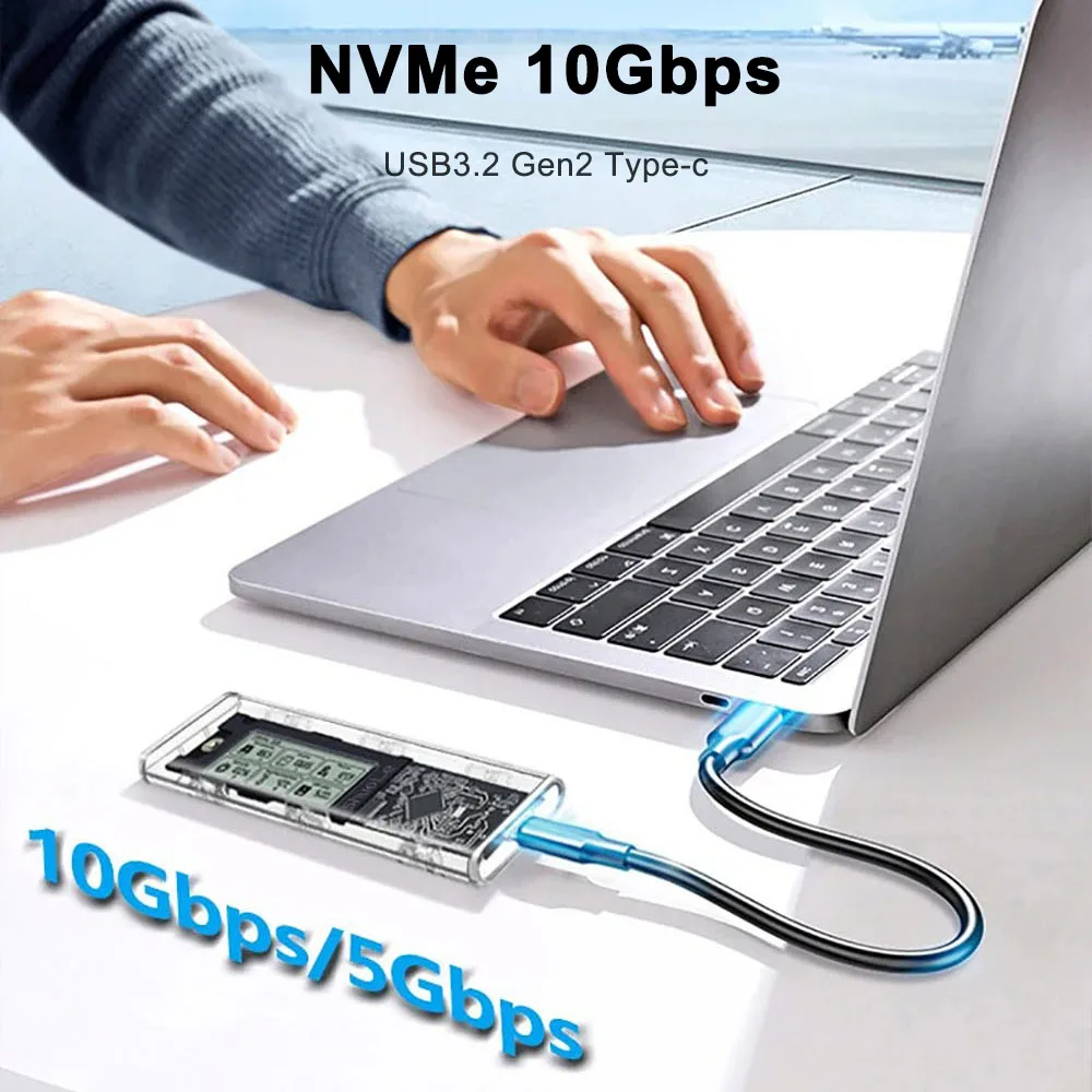 M2 SSD 케이스 NVME SATA SSD 외장 케이스 10Gbps M.2 to USB 3.2 Gen2 지능형 디지털 디스플레이 외장 M.2 SSD 어댑터 도구 불필요