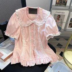 Pink Japanese Gothic Lolita Style Shirts Women Sweet Ruffles Bow Peter Pan Collar Short Sleeve Blouses Harajuku Y2k Slim JK Tops