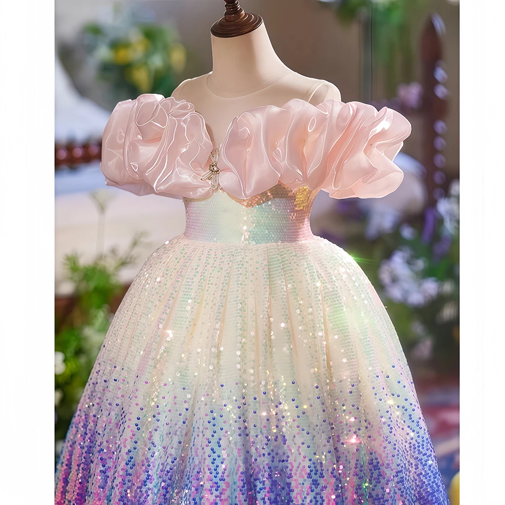 فساتين مسابقة الجمال أرجواني فاخرة مطرزة بالخرز، فستان سهرة رسمي رائع للأميرة للأطفال لحفلات الزفاف وأعياد الميلاد والعشاء