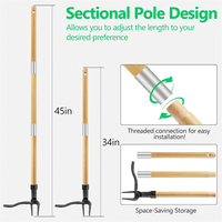 A96T 46 Inch Weed Puller Tool with Long Handle, Bamboo Grip & 4 Claw Steel Head, 3-Section Design for Stand Up Gardening Tool
