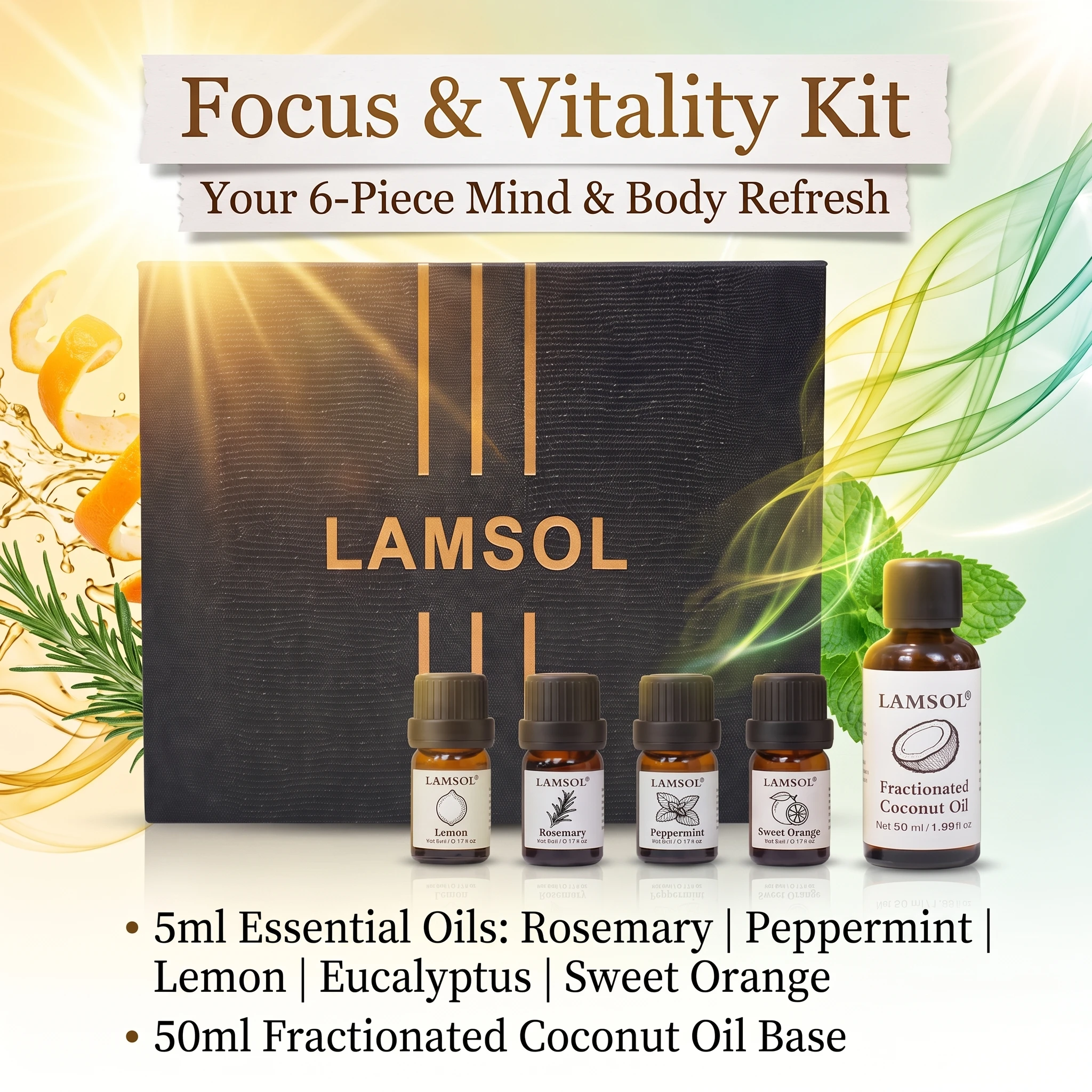 LAMSOL Luxury Home Fragrance Essential Oil Black Gift Set 75ml 4 Pure Oils 50ml Carrier Oil Day Focus Vitality Set Kit Diffuser