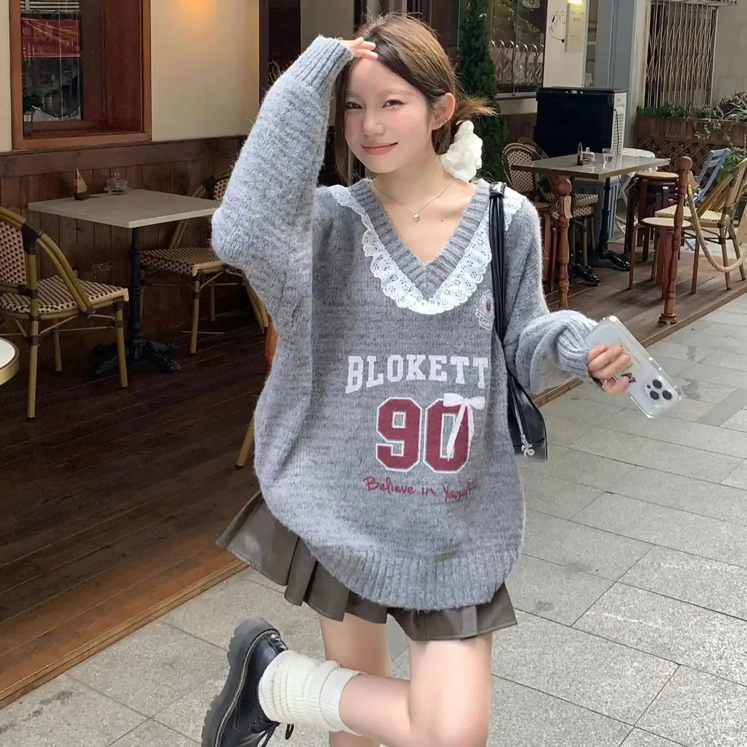 

American Sweater Women Retro Letter V-Neck Lace Splicing Pullover Autumn Winter 2024 New Niche Loose Sweater