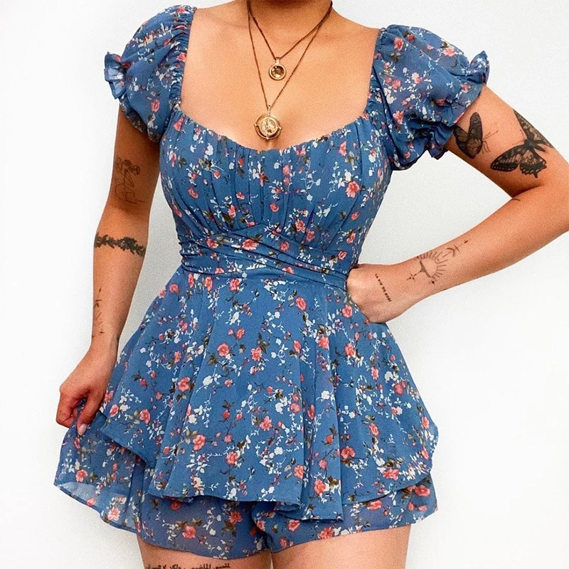 Ardm Sexy Square Collar Floral Print Short Sleeve Chiffon Summer Playsuit Women 2022 Ruffle Bodycon Vintage Female Romper