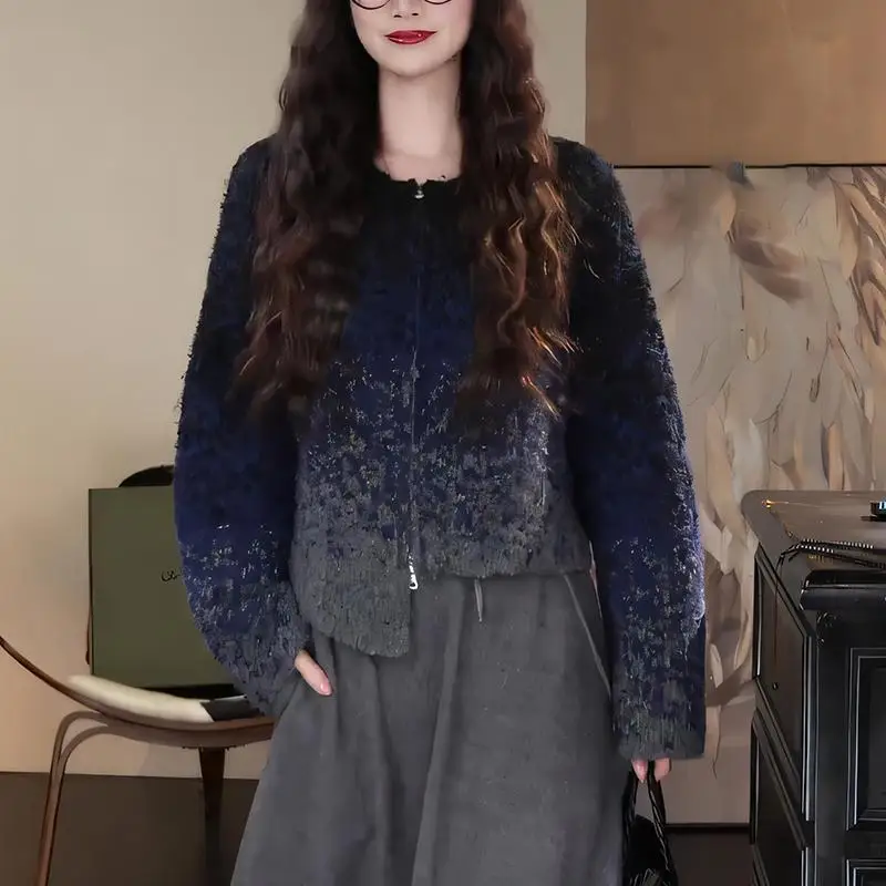 فتاة سترة مشغولة من الصوف امرأة الموضة التدرج طويلة الأكمام سترة ربيع الخريف الملابس الدوبامين معطف غير رسمي الفتاة هدية جديد #2