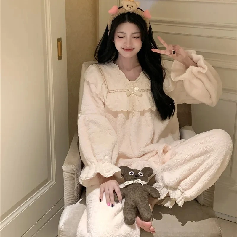Women Pajamas Winter Thickened Warm Two-Piece Suit Casual Ventilate Coral Fleece Nightclothes Sets Loose Solid Color Homewear