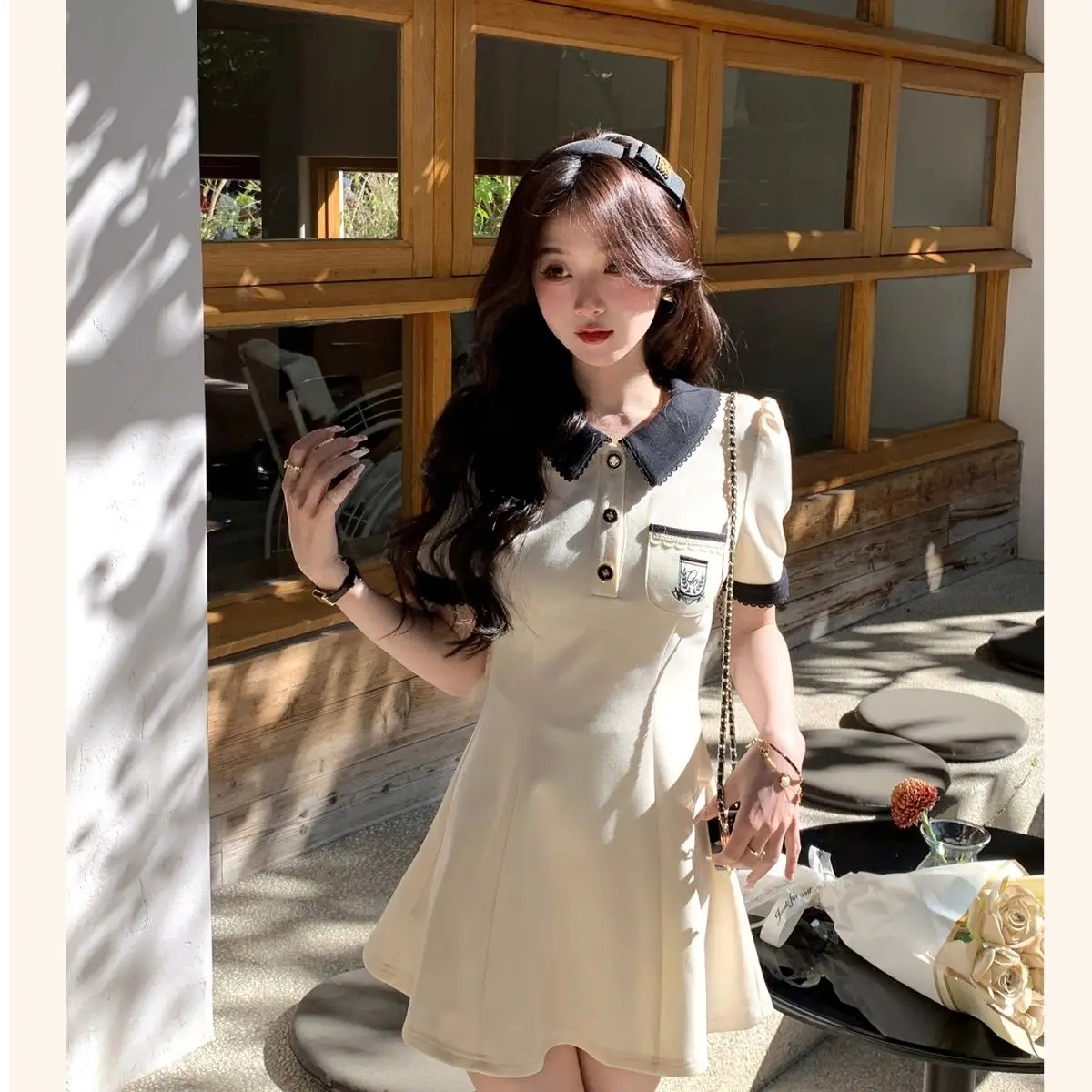 

Summer Short Sleeve Polo Neck Embroidered Dress with Slim Waist College Style Cute Sweet Mini Dress Women Clothing