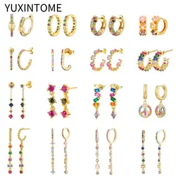 925 Sterling Silver Needle Colorful Crystal Stud Earrings for Women Luxury Long Chain Geometry Pendant Earrings Fashion Jewelry