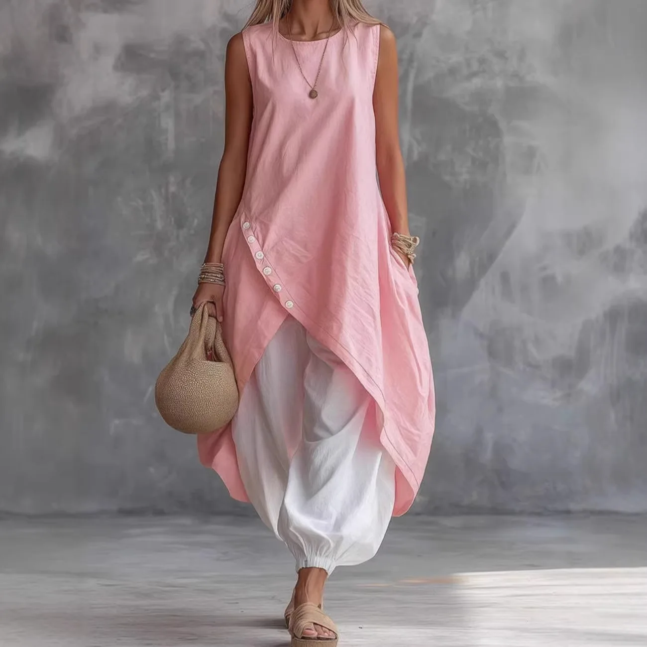 

Round Neck Sleeveless Vest, Irregular Solid Color Dress, Loose High-waisted Trousers, Two-piece Set Women's 2026 New Casual Suit