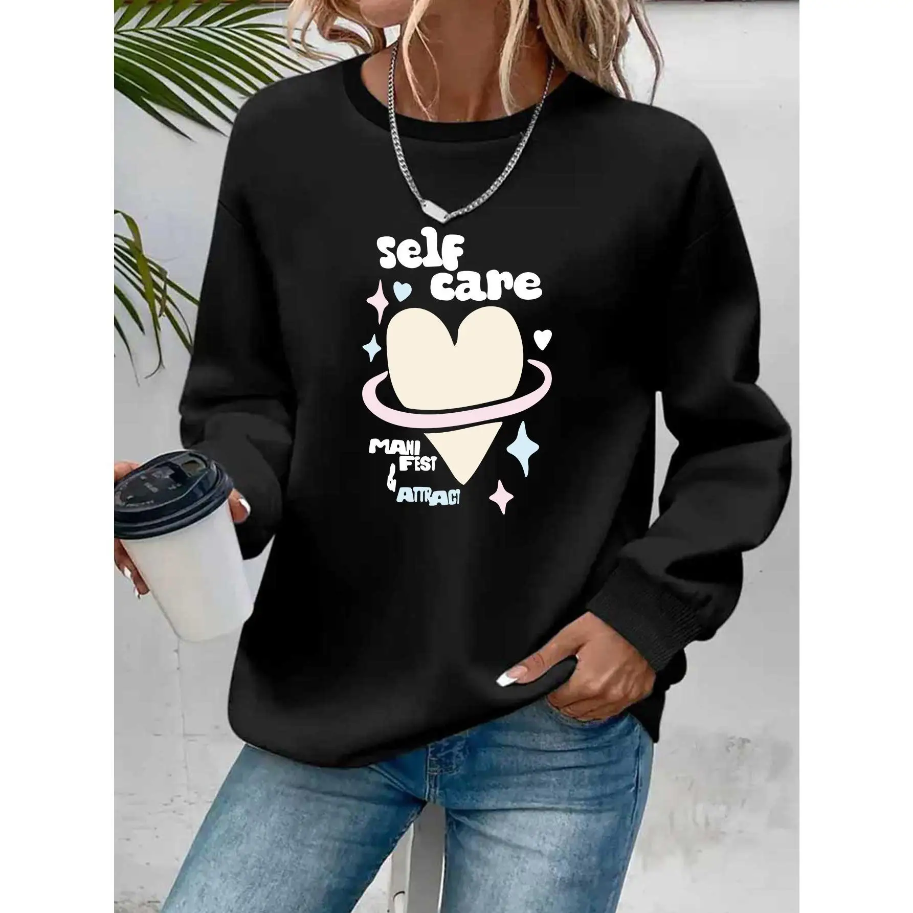 

Self Care Manifest Attract Sweatshirt Women's Inspirational Graphic Crewneck Pullover, Aesthetic Meditation Yoga Top