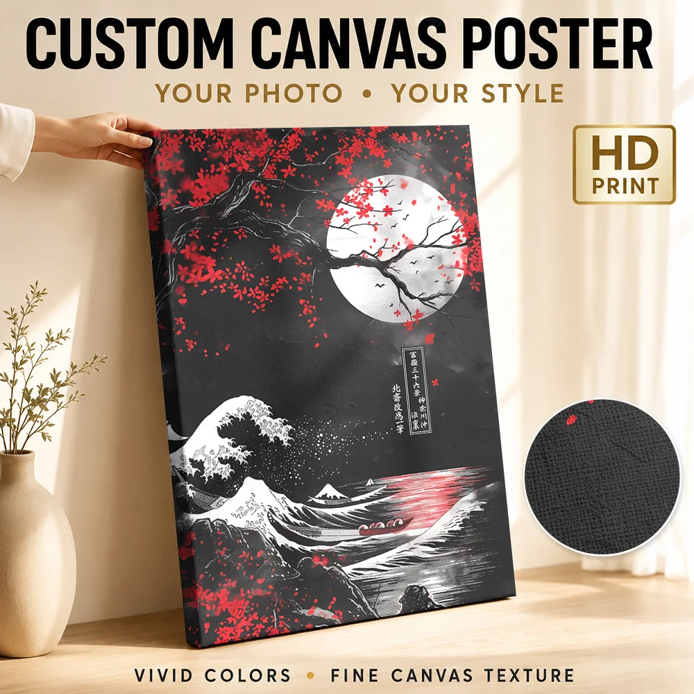 Great wave off Red moon Canvas Painting Poster Custom Japanese Inspired Canvas Wall Art for Office Hallway Decor Ready to Hang