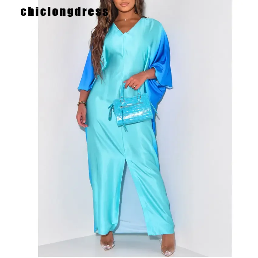 

Spring Summer Fashion Colored Bat Sleeve Long Satin Dress African Women Casual V-neck Bat Sleeve Colored Split Dress Women