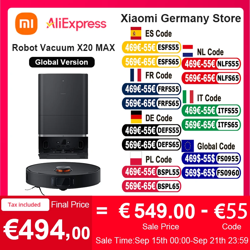 النسخة العالمية من Xiaomi Robot Vacuum X20 Max التحكم الصوتي مجموعة الغبار التلقائي للمنزل بأكمله مسح الشعر السائل تنظيف 8000Pa منفاخ مروحة شفط قوي للغاية نظام تجنب العوائق الدقيقة مع