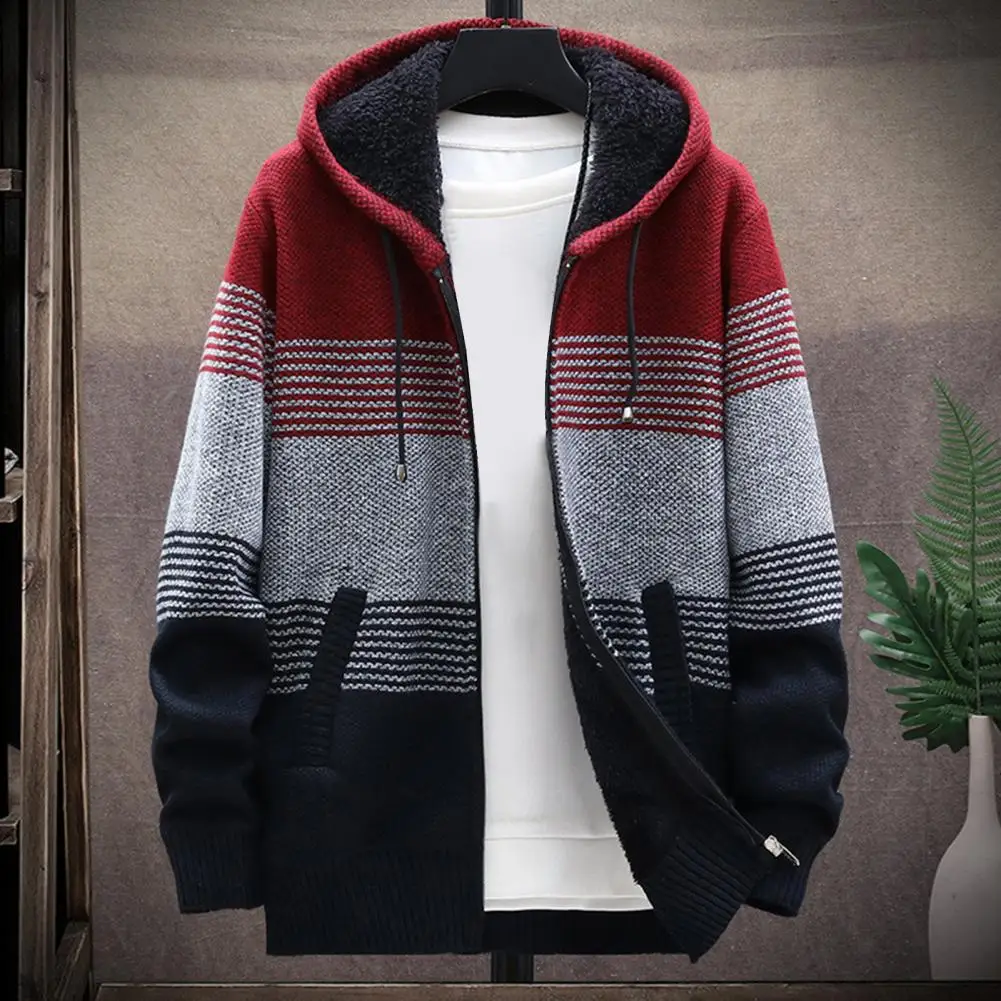 Men Knitted Coat Color Block Hooded Autumn Winter Thicken Plush Warm Cardigan Sweater Thicken Plush Hoody Knitted Sweater Coat