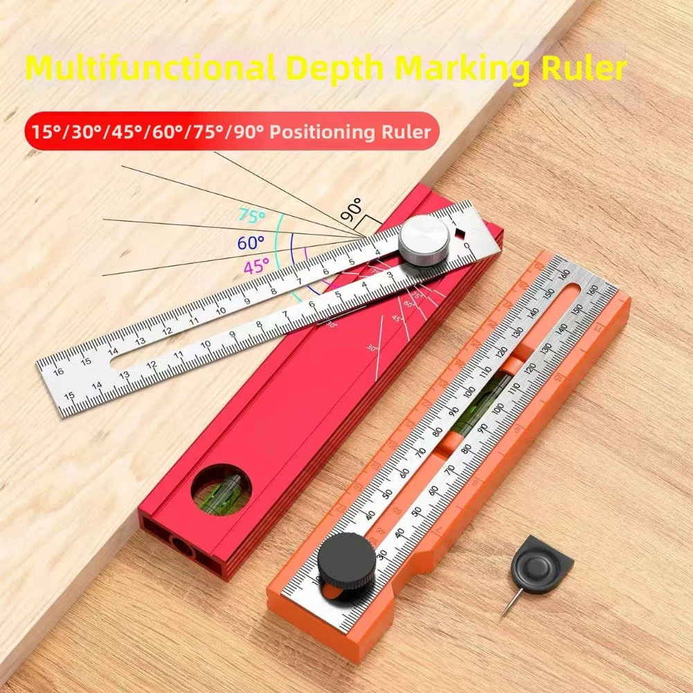 16.7cm Multi-role Depth Measuring Ruler Adjustable Woodworking Multi-angle Marking Ruler Positioning Scribing Protractor Tool