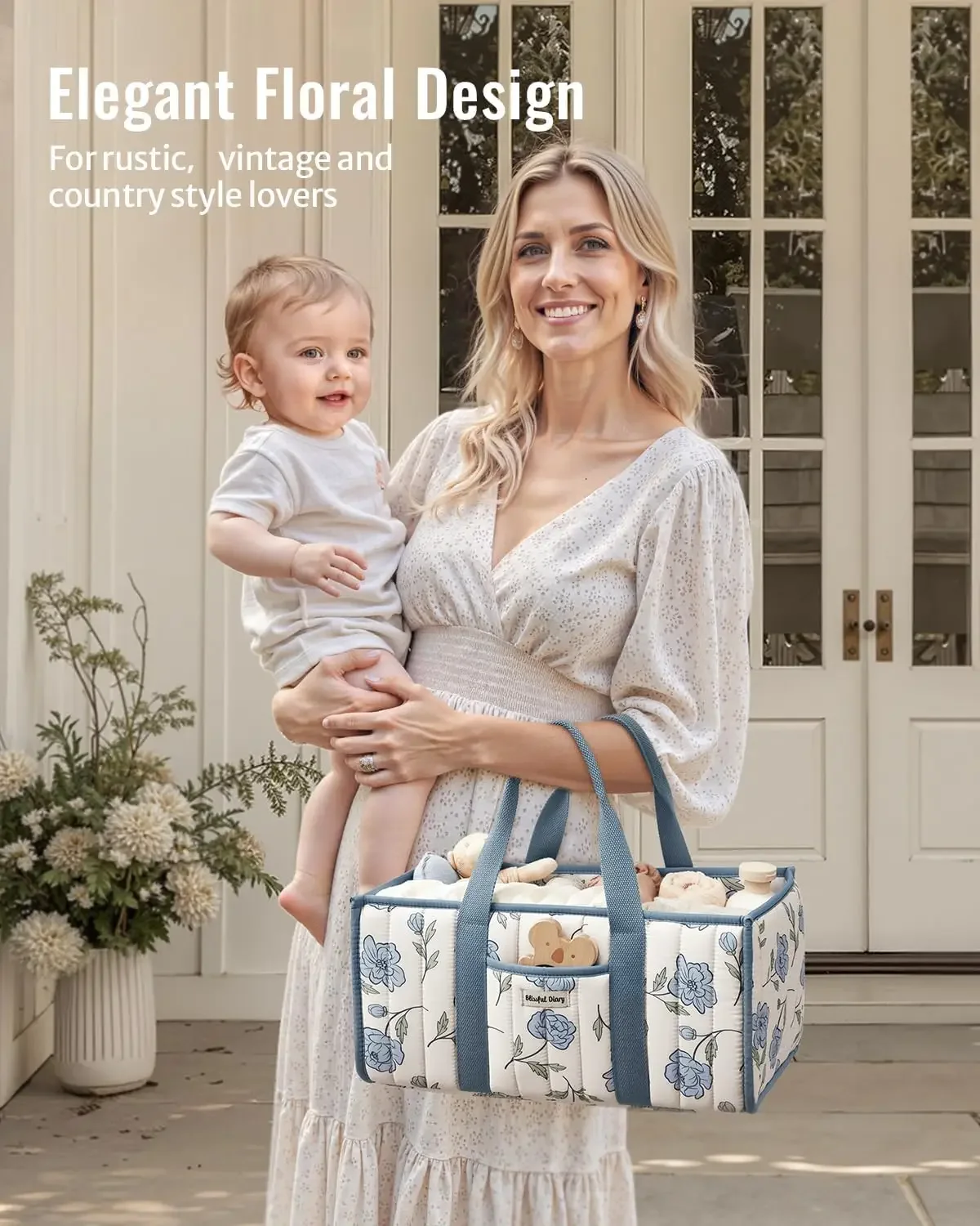 Blissful Diary Floral Diaper Caddy Organizer Stylish Nursery Storage Basket, Gift for Baby Shower, Newborn Essentials Peony Blue