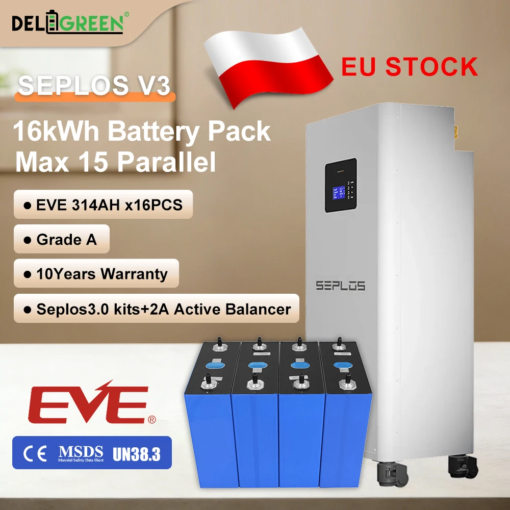 

EU Stock GradeA EVE314 MB31 Lifepo4 Battery 16kWh DIY Battery Pack Seplos 3.0 Kits 2A Active Balancer CAN VAT Free