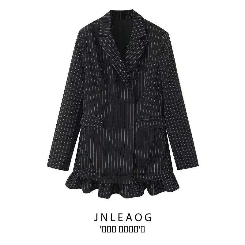 

JNLEAOG Autumn New Women's Suiting Design with Flounce Hem Double Breasted Striped Faionable Versatile European Sle Long ...