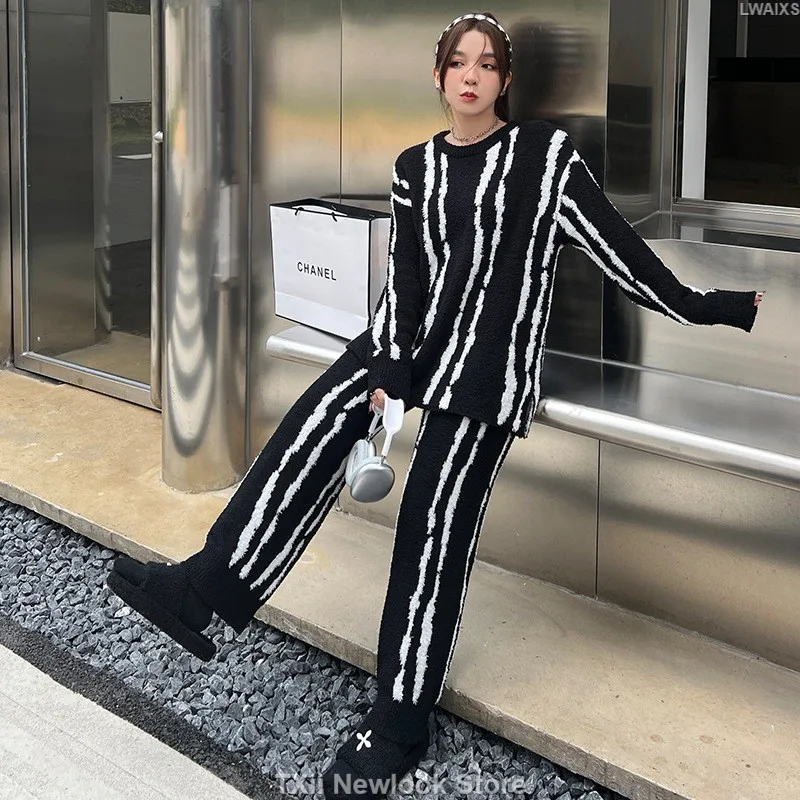 Irregular Vertical Pattern Pullover Pajamas Women's Autumn Winter Soft Thickened Warm suit Knitted Comfortable Home clothes