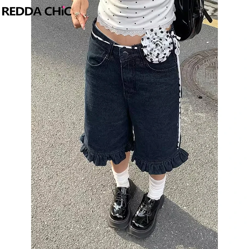 

ReddaChic Ruffle Hem Women Jeans Jorts Solid Blue Frilly Straight High Rise Wide Leg Casual Denim Short Pants Korean Streetwear