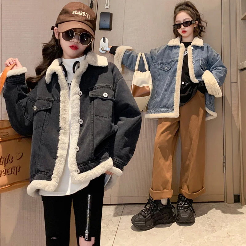 Girls Coat Jacket Winter Cotton Windbreak 2023 Cool Jean Warm Plus Thicken Teenagers Overcoat Snowsuit Children\'s Clothing