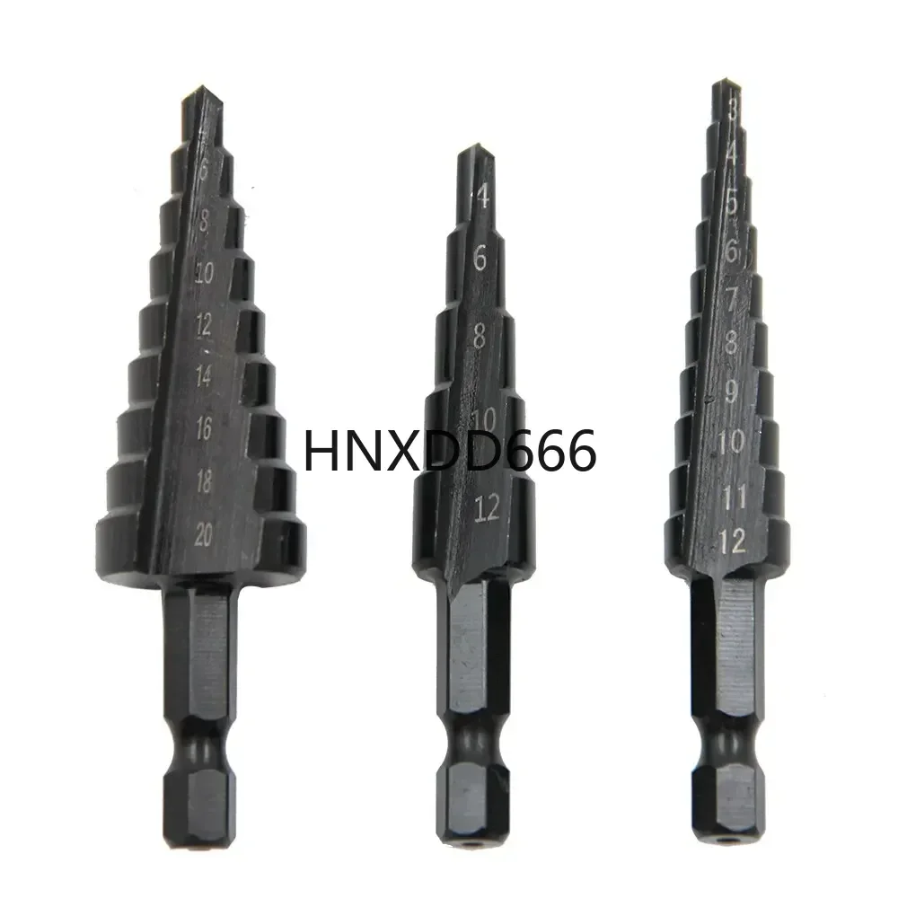 3pc Black Hexagonal Shank Straight Slot Ladder Drill Bit Reaming and Hole Opening Blackened Pagoda Drill Tool Set